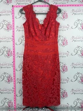 Tadashi Shoji dress Lacie floral Red Lace V-Neck Midi Dress Waistband Detail